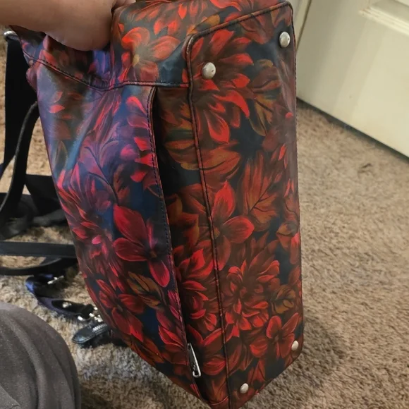 Patricia Nash Red and Black Floral Shoulder Bag with Navy Strap - Picture 4 of 15